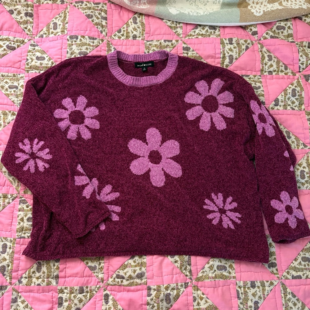 Social Scene TJ Maxx Magenta & Pink Chenille Floral Boxy Sweater XL